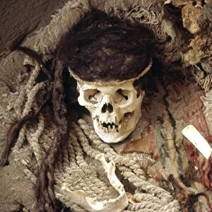 The skull of a Nazca mummy surrounded by pottery