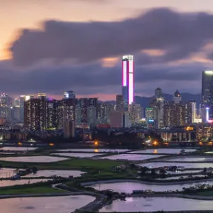 Skyline of Shenzhen from Sheung Shui at sunset, New Territories, Hong Kong