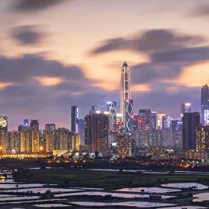 Skyline of Shenzhen from Sheung Shui at sunset, New Territories, Hong Kong