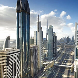 Skyscrapers along Sheikh Zayed Road looking towards the Burj Kalifa, Dubai, United