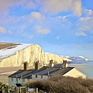 Snow On The Seven Sisters and Coastguard Cottages, Seaford Head, East Sussex, United