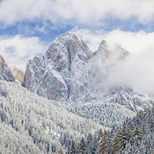 Snow, winter, St Johann Church, Val di Funes, Dolomites, Italy