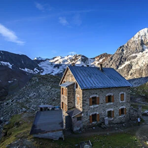 Solden valley, Coston hutte, in the background Zebru high peak at Zebru mountain, Trentino Alto Adige, Italy