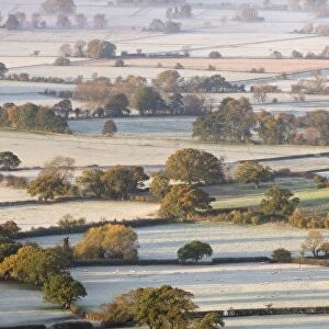 The Somerset Levels covered in morning frost, Westbury-Sub-Mendip, Somerset, England