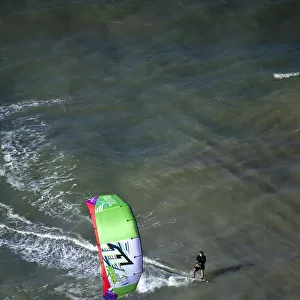 South America, Brazil, Ceara, Aerial view of a kite surfer on the Atlantic coast of
