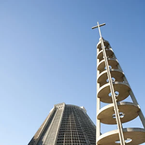 South America, Brazil, Rio de Janeiro, Metropolitan cathedral and adjacent cross by