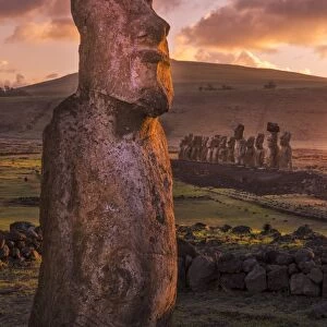 South America, Chile, Easter Island, Isla de Pascua, Moai stone human figures at sunrise