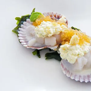 South America, Peru, Lima, Miraflores. Conchas Toshi - scallops in Tiger Milk - with