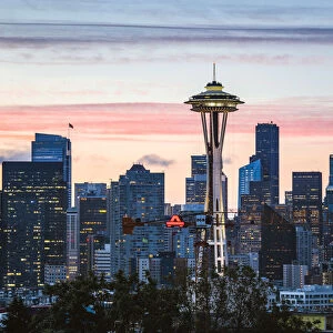 The Space Needle and skyline at dawn, Seattle, Washington, USA