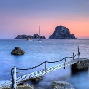 Spain, Balearic Islands, Ibiza, Cala D Hort Beach and Es Vedra Island