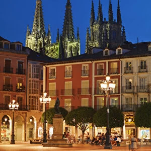 Spain, Castile and Leon, Burgos, Plaza Mayor square and Saint Mary of Burgos cathedral