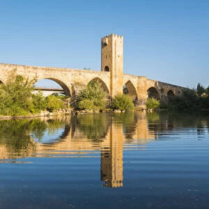 Spain, Castile and Leon, Frias. The 12th-century stone bridge over the Ebro river
