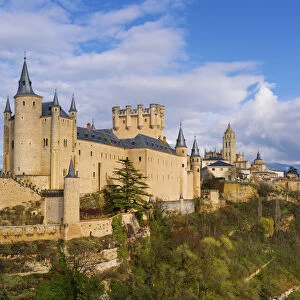 Spain, Castile and Leon, Segovia. The Alcazar and cathedral at sunset