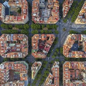 Spain, Catalunya, Barcelona, Aerial view of Eixample district and Sagrada Familia