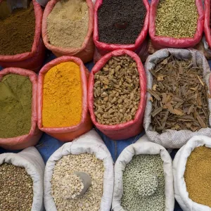 Spices and pulses in market, Manakha, Sana a Province, Yemen