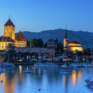 Spiez Castle at dusk, Spiez, Canton of Bern, Switzerland Spiez Castle at dusk, Spiez, Canton of Bern, Switzerland