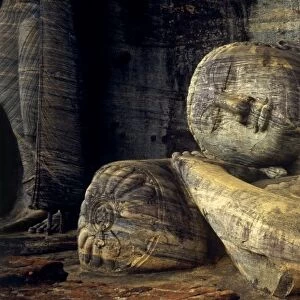 Sri Lanka, Polonnaruwa, Gal Vihara. A celebrated 14-metre long recumbent Buddha statue lies in the Gal Vihara, or Cave of the Spirits
