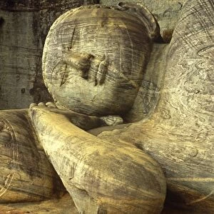 Sri Lanka, Polonnaruwa, Gal Vihara. A celebrated 14-metre long recumbent Buddha statue lies in the Gal Vihara, or Cave of the Spirits