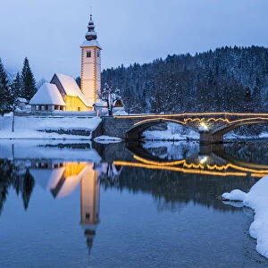 St. Johns Church and bridge on the shore of Lake Bohinj, Slovenia