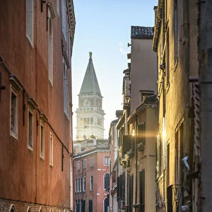 St Mark bell tower during sunrise as seen from Ponte dell Ovo. Venice, Veneto, Italy