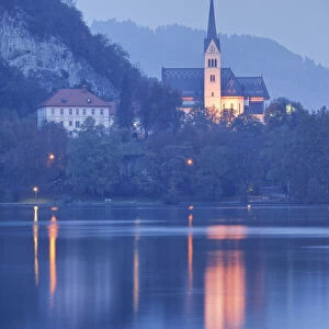 St. Martins Church on shore of Lake Bled at dawn, Bled, Gorenjska, Julian Alps