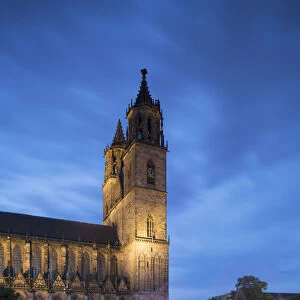 St Mauritius and St Katharina Cathedral at dusk, Magdeburg, Saxony-Anhalt, Germany