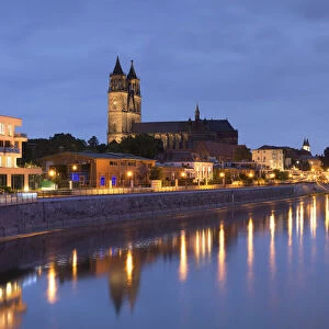 St Mauritius and St Katharina Cathedral and River Elbe at dusk, Magdeburg, Saxony-Anhalt