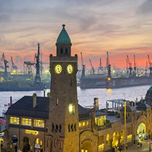 St. Pauli Landungsbroken and the Elbe River at sunset, Hamburg, Germany