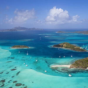 St Vincent and The Grenadines, Aerial view of the Tobago Cays and Club Med 2 cruise ship