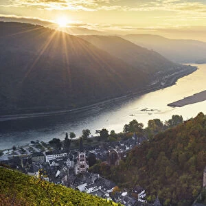 Stahleck castle with river Rhine and wine village Bacharach, Rhineland-Palatinate