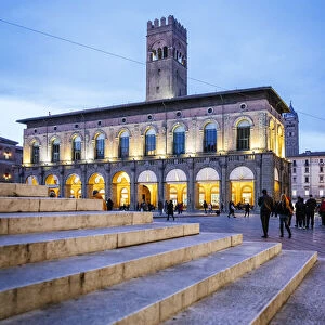 Stairways and buildings in Piazza Maggiore, Bologna, Emilia Romagna, Italy