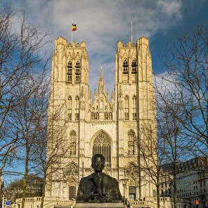 Statue of King Baudouin of Belgium and Cathedral of St. Michael and St. Gudula, Brussels