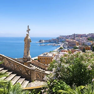 Statue of St. Francis and view of Gaeta. Europe, Italy, Lazio, Gaeta
