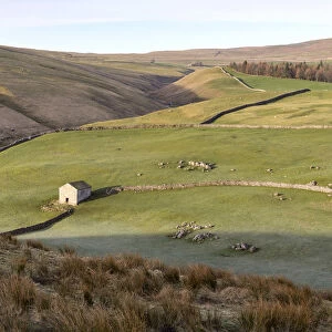 A stone barn in a valley near Arncliffe, Yorkshire Dales National Park, North Yorkshire