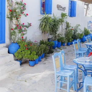 Streetside Cafe Print, Amorgos Island, Greece Streetside Cafe Print, Amorgos Island, Greece