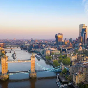 Sunrise looking down the river Thames to Tower Bridge, London, England, UK