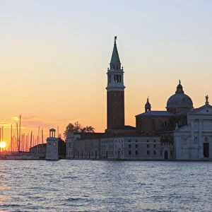Sunrise over the marina Compagnia della Vela und Isola San Giorgio, Venice, Veneto, Italy