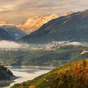Sunrise on Santa Giustina lake and Brenta group Dolomites, Non valley, Trento province