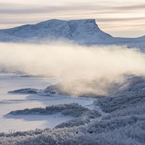 Sunrise on the snowy landscape, Bjorkliden, Abisko, Kiruna Municipality