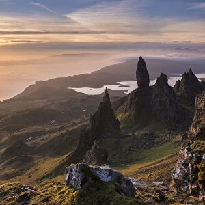 Sunrise over the spectacular Old Man of Storr basalt pinnacles on the Isle of Skye
