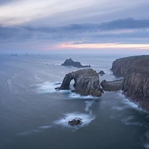 Sunset over the dramatic cliffs of Lands End, Cornwall, England. Autumn (September)