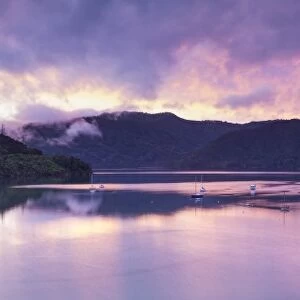 Sunset illuminates the picturesque Ngakuta Bay, Queen Charlotte Sound, Marlborough Sounds