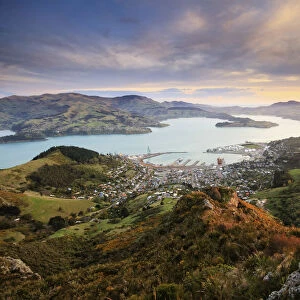 Sunset looking towards Lyttelton Harbour, from the Port Hills, Christchurch, New Zealand