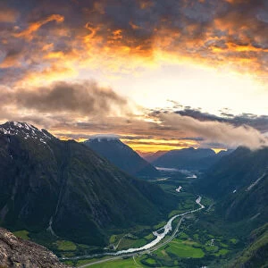 Sunset over the majestic Troll Wall and Venjesdalen mountain seen from Romsdalseggen