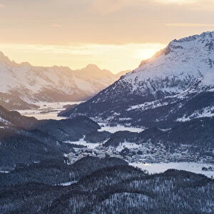 The sunset on St. Moritz from Muottas Muragl, St. Moritz, Canton of Graubunden, Engadin