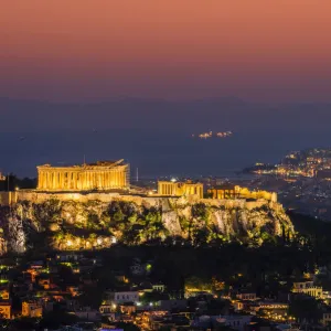 Sunset top view over Acropolis, Athens, Attica, Greece