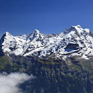 Switzerland, Bernese Oberland, Mt Schilthorn, view of Eiger, Monch and Jungfrau peaks