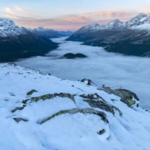 Switzerland, Swiss Alps, Graubuenden, Engadine, view from Muottas Muragl over St. Moritz