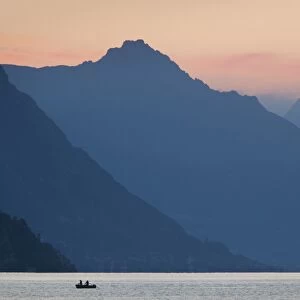 Switzerland, Ticino, Lake Lugano, Lugano, dawn view of the Alps
