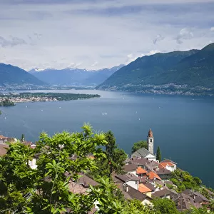 Switzerland, Ticino, Lake Maggiore, Ronco, town church and lake